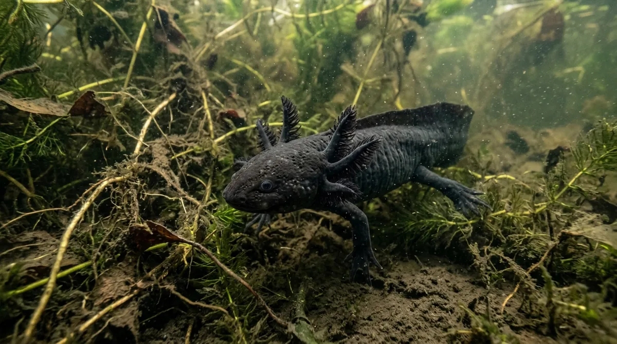 Ajolote silvestre de color oscuro bajo el agua en los canales de Xochimilco