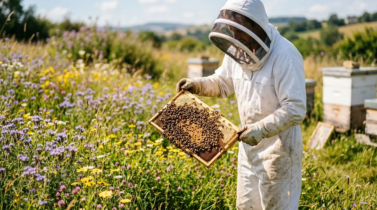 Apicultor con traje protector sosteniendo un marco de panal con abejas