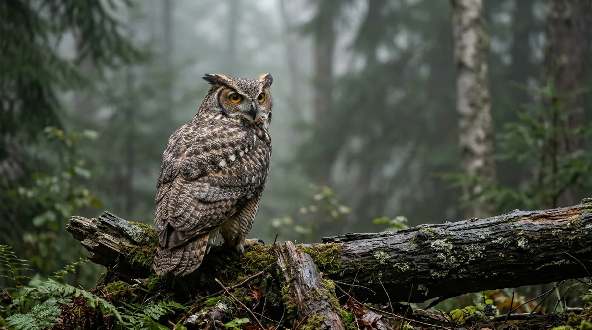 Búho posado sobre un tronco caído en un bosque con niebla