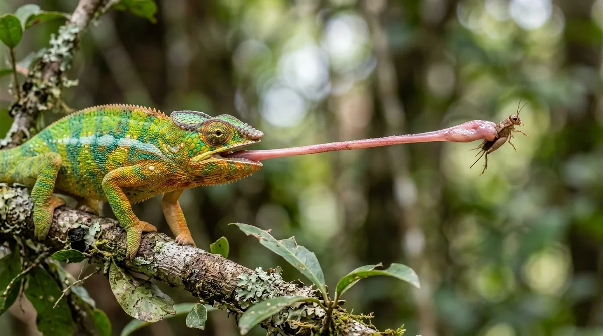 Camaleón disparando su larga lengua para atrapar un insecto
