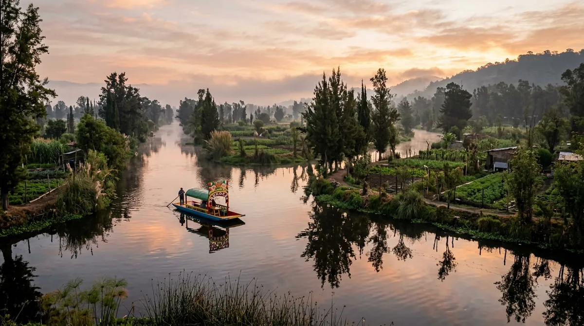 Canales de Xochimilco con chinampas y vegetación al amanecer
