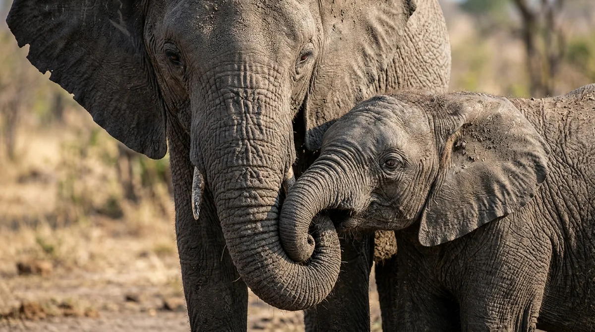 Cría de elefante africano junto a su madre con las trompas entrelazadas