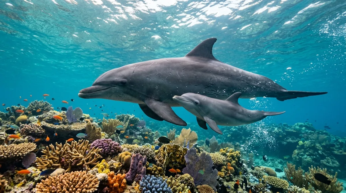 Madre delfín nadando junto a su cría cerca de un arrecife de coral