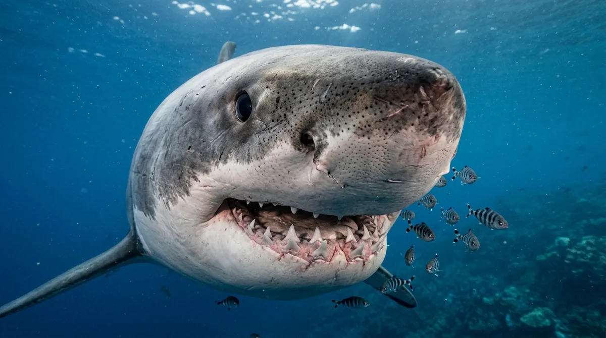 Primer plano frontal de un tiburón blanco mostrando sus dientes bajo el agua