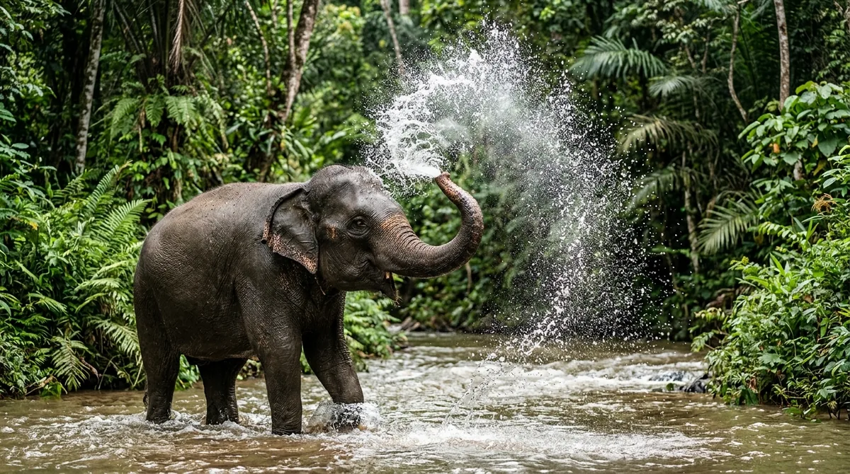 Elefante asiático en un río de la selva echándose agua con la trompa