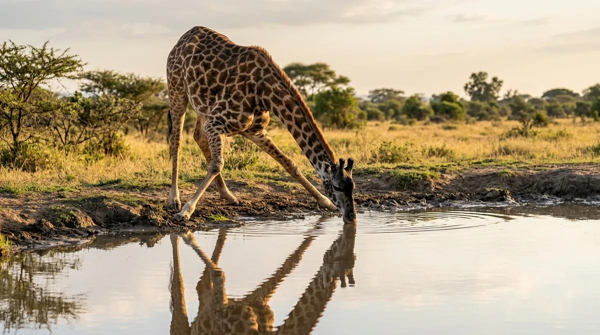 Jirafa abriendo sus patas delanteras para beber agua en un abrevadero