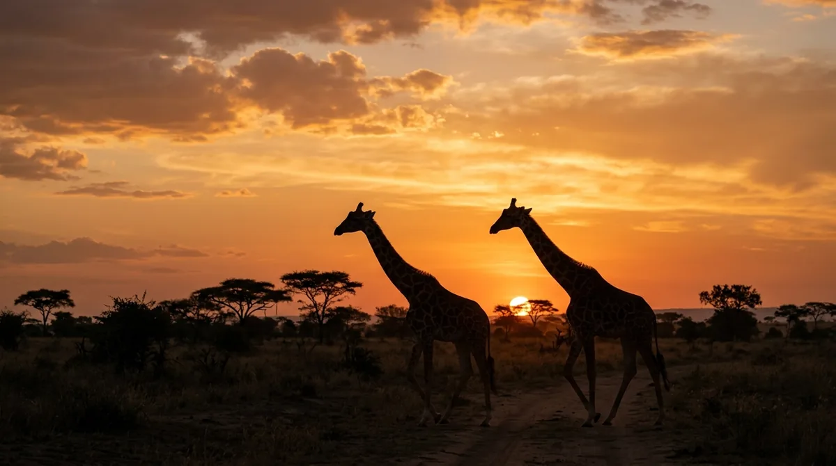 Dos jirafas caminando juntas por la sabana africana al atardecer