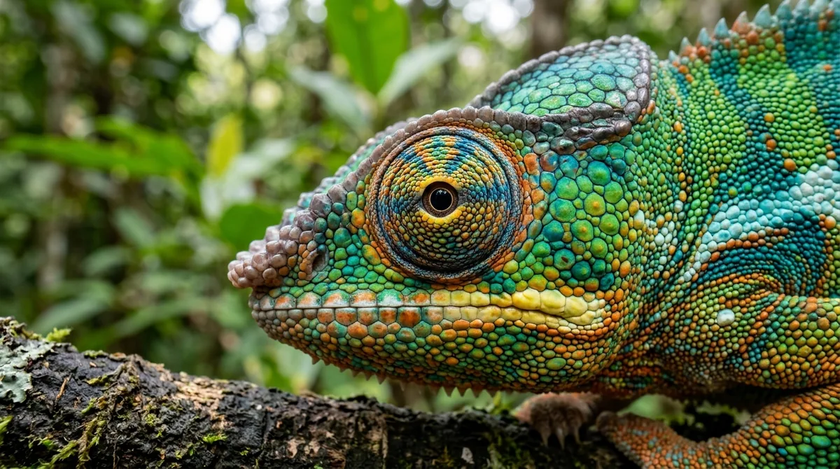 Primer plano del ojo cónico de un camaleón pantera de colores vivos