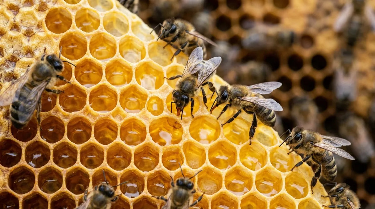 Panal de cera con celdas hexagonales llenas de miel y abejas obreras