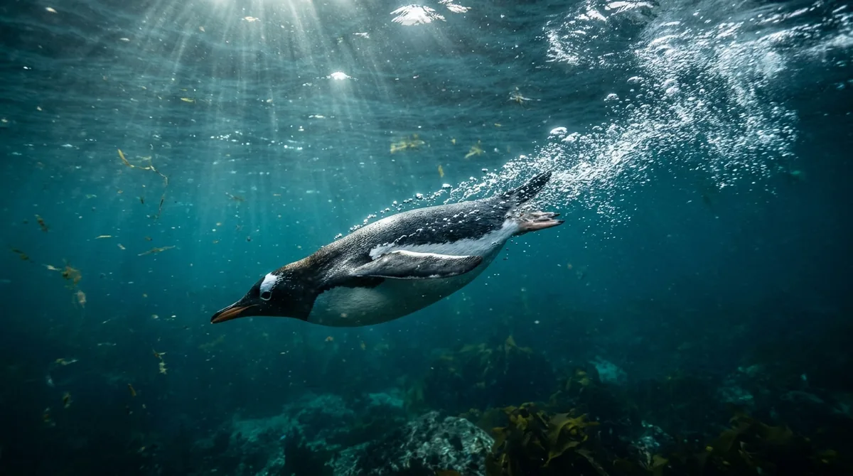 Pingüino nadando rápidamente bajo el agua con una estela de burbujas