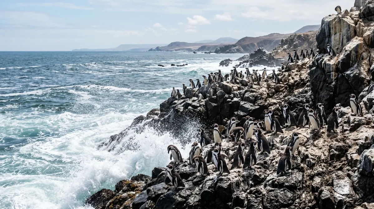 Pingüinos de Humboldt en una costa rocosa de Sudamérica junto al mar