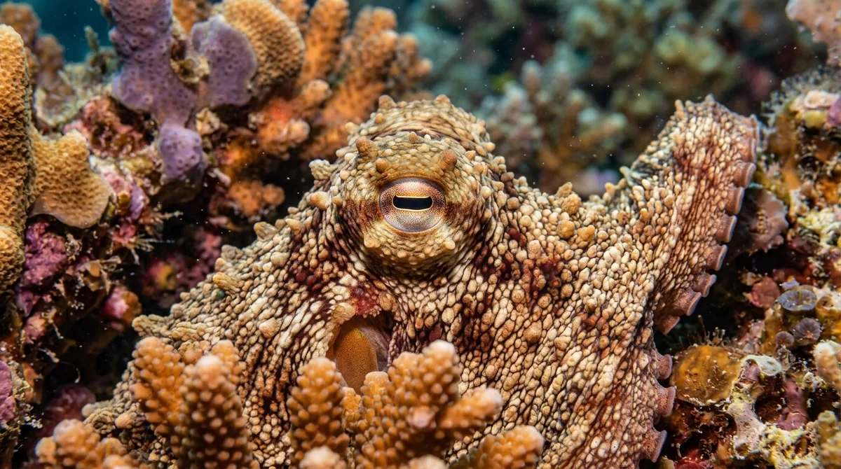 Primer plano de un pulpo camuflado entre corales cambiando de color