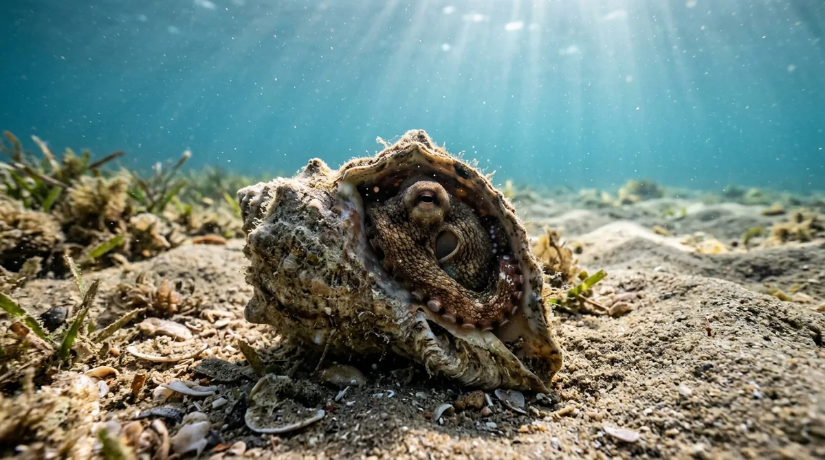 Pulpo escondido dentro de una concha marina en el fondo arenoso