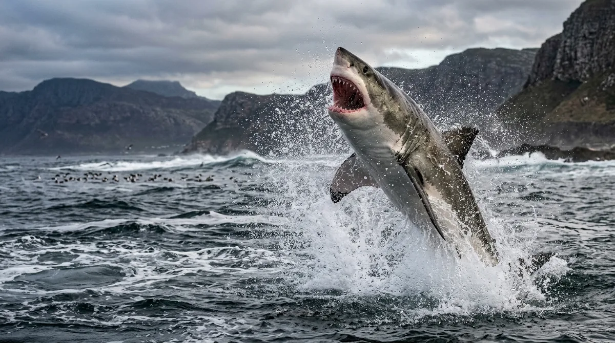 Tiburón blanco saltando fuera del agua durante una cacería