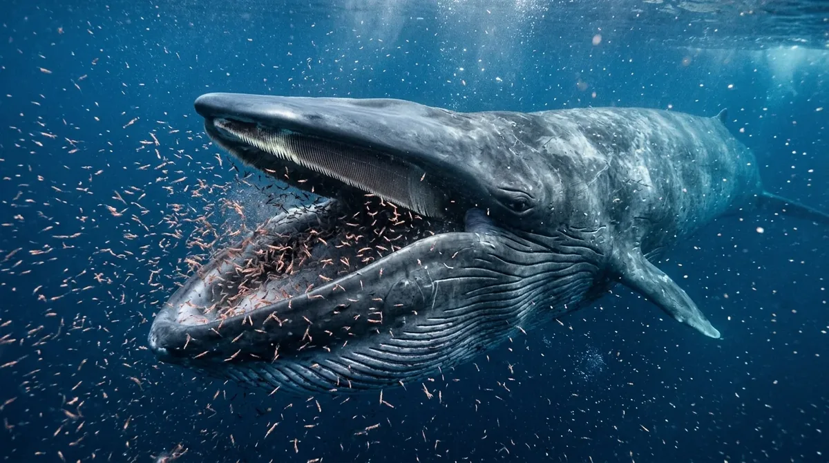 Ballena azul alimentándose de krill con la boca abierta y la garganta expandida