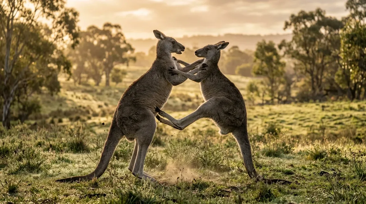 Dos canguros machos peleando de pie apoyados en la cola al amanecer