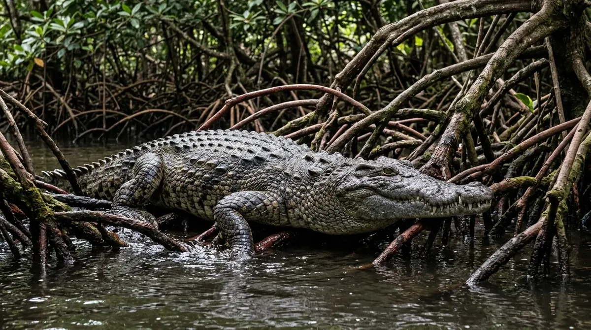 Cocodrilo americano en un manglar tropical entre raíces de mangle
