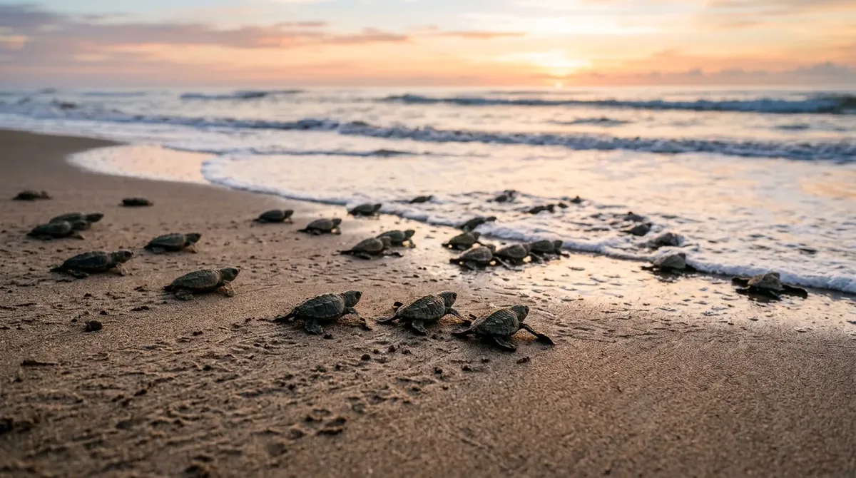 Crías de tortuga marina recién nacidas caminando por la arena hacia el mar