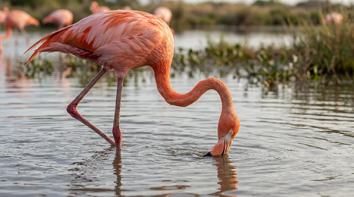 Flamenco alimentándose con la cabeza invertida y el pico dentro del agua