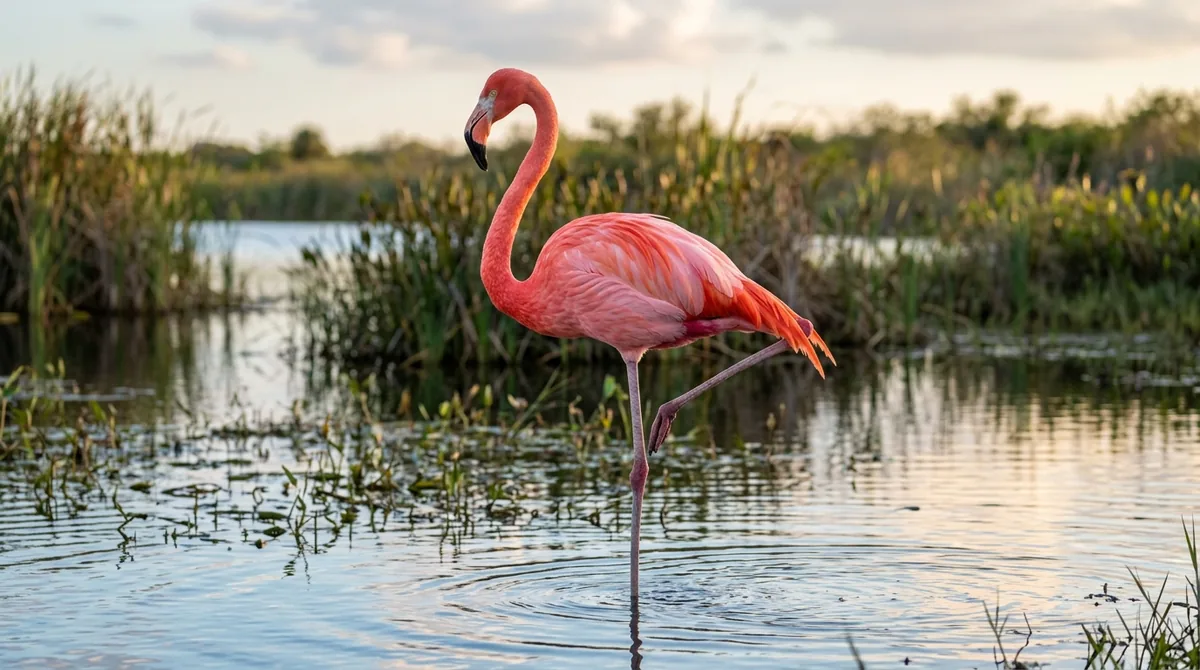 Flamenco rosado parado sobre una sola pata en el agua