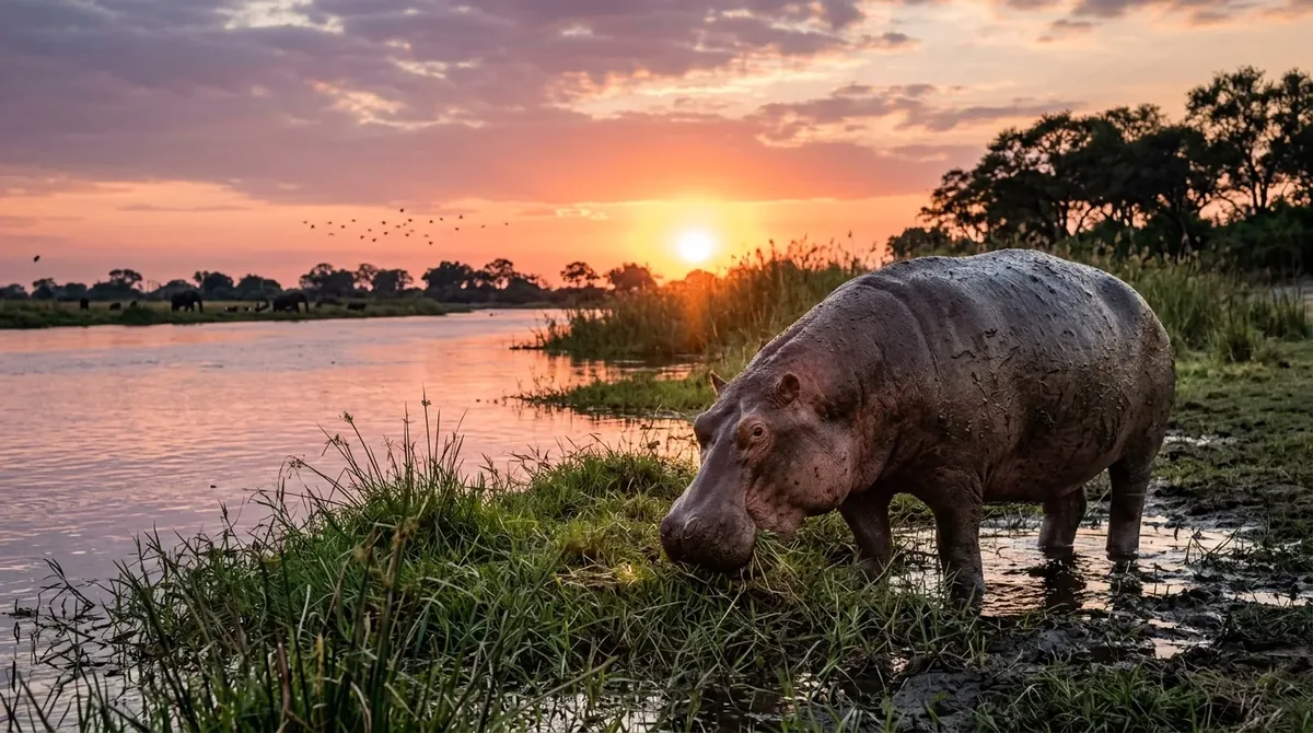 Hipopótamo pastando hierba en la orilla de un río al atardecer