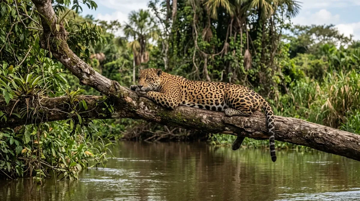 Jaguar descansando sobre la rama de un árbol junto a un río en el Pantanal
