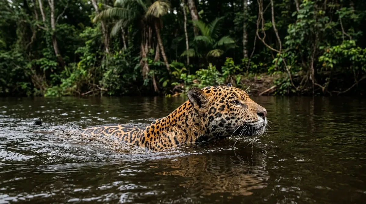 Jaguar nadando y cruzando un río con la cabeza fuera del agua