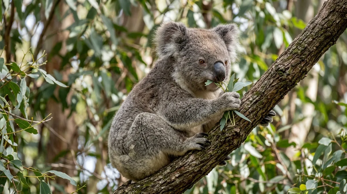 Koala sentado en una rama de eucalipto en el bosque australiano