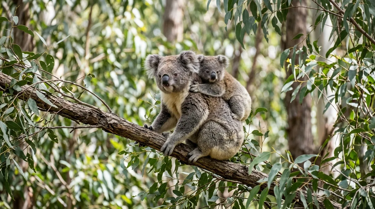 Madre koala con su cría sobre la espalda en la rama de un eucalipto