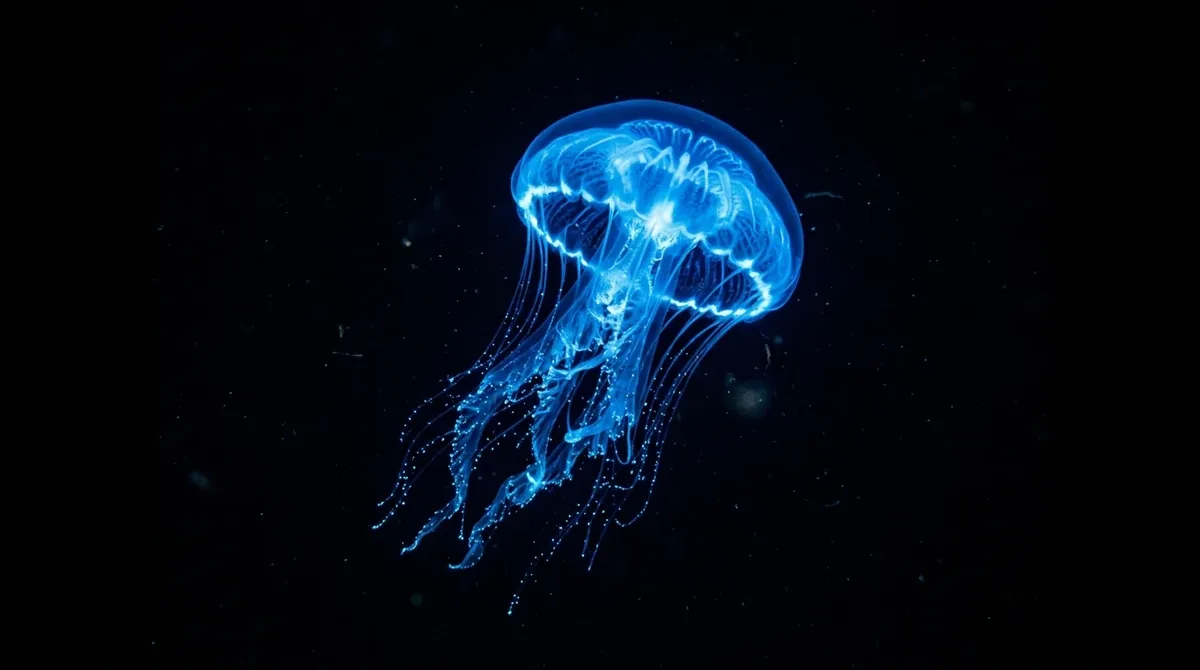 Medusa bioluminiscente de aguas profundas brillando con luz azul en la oscuridad