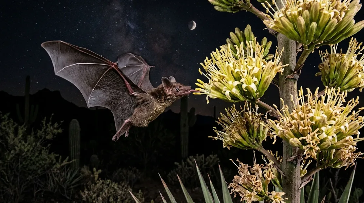 Murciélago nectarívoro volando junto a una flor de agave por la noche