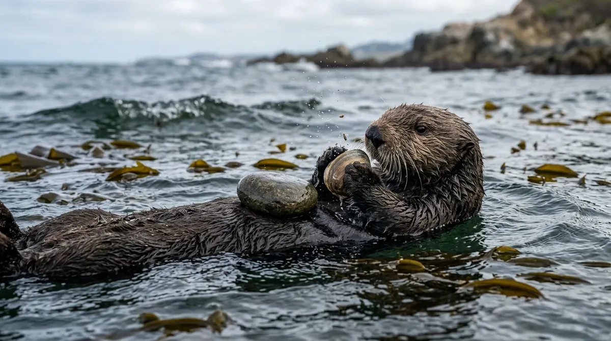 Nutria marina flotando de espaldas golpeando una almeja contra una piedra