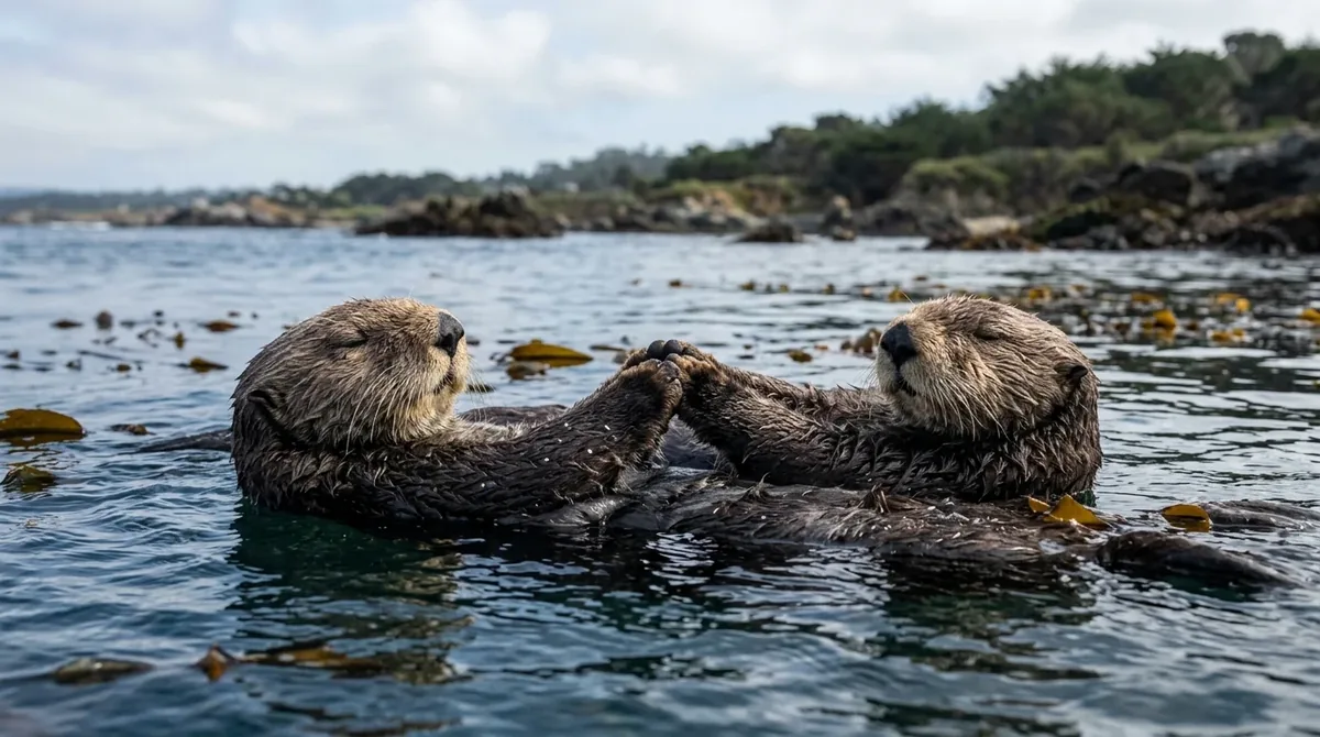 Dos nutrias marinas flotando de espaldas tomadas de las patas