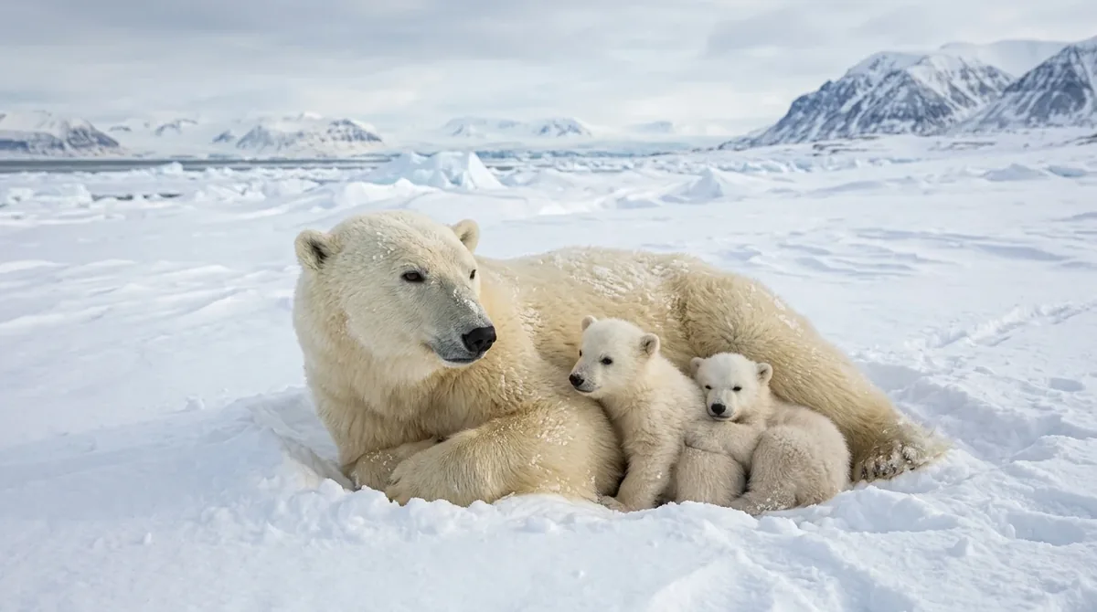 Osa polar con dos oseznos sobre la nieve