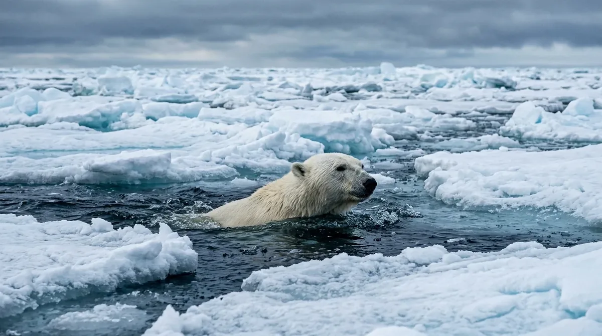 Oso polar nadando entre placas de hielo flotante en el mar ártico