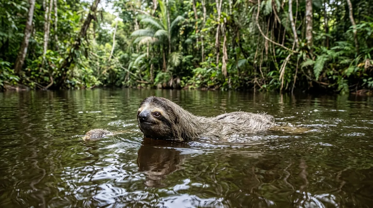 Perezoso nadando en un río de la selva amazónica con la cabeza fuera del agua