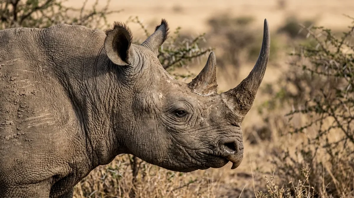 Perfil de un rinoceronte negro con sus dos cuernos y su labio superior puntiagudo