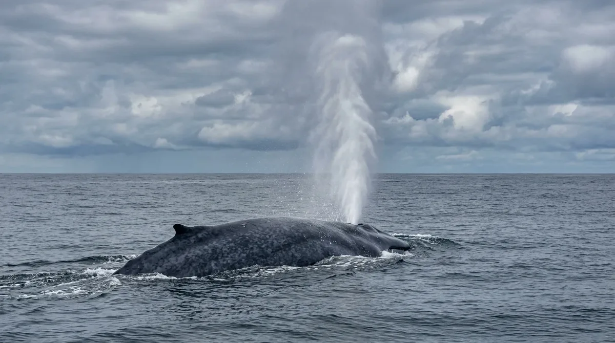 Soplo alto de una ballena azul en la superficie del mar
