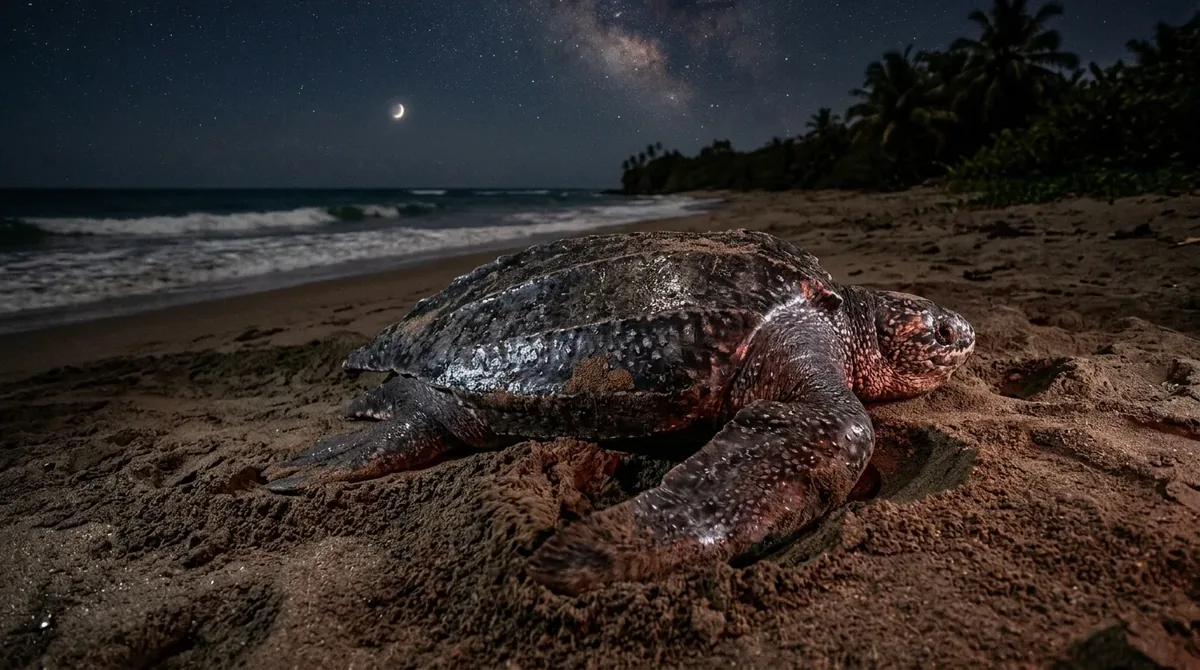 Tortuga marina laúd desovando de noche en una playa de arena